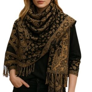 VINTAGE Wool Weave Fringed Rectangular Scarf Camel Black Metallic Gold Floral